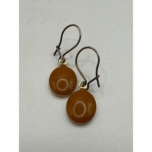 Gold Tone Oval Drop Earrings With Brown Center & Leverback Closure